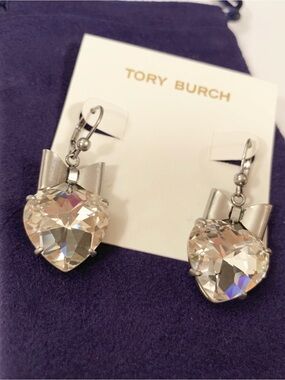 Tory Burch Crystal Heart Drop Earrings — Clear & Silver Bow
